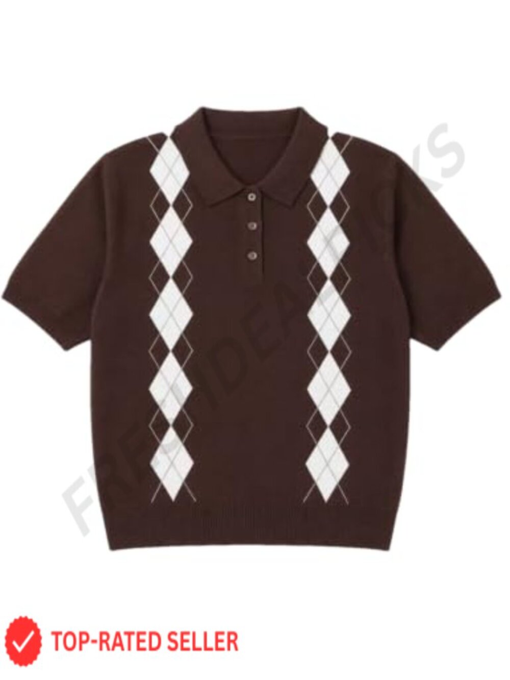 Short Sleeve Argyle Knit Polo Sweater Preppy Pullover